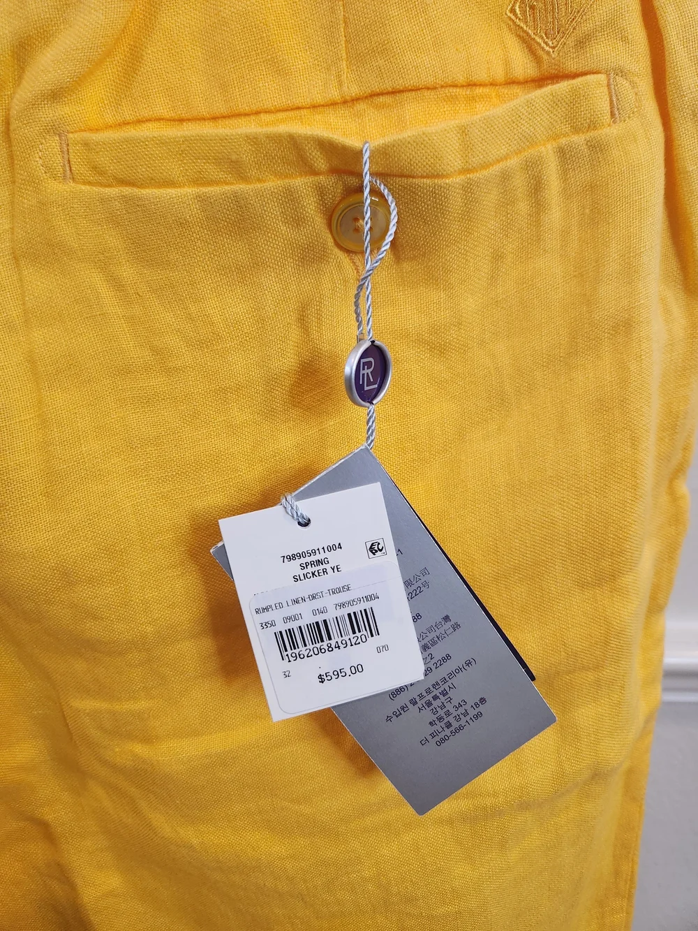 NWT Ralph Lauren Purple Label Rumpled Linen Drawstring Trouser Yellow Sz 32